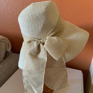 Straw woven sun hat natural burlap ribbon bow